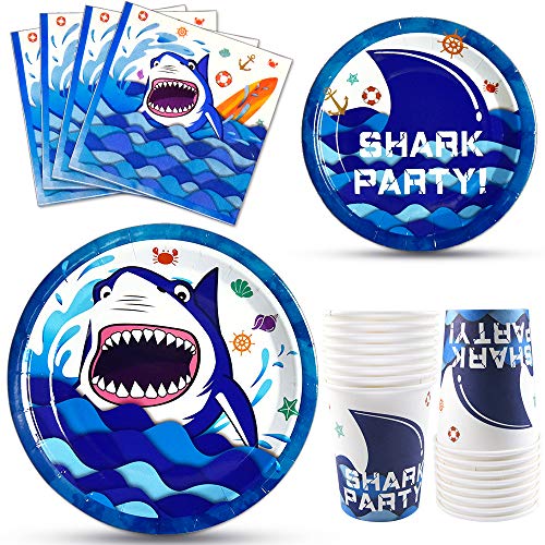 WERNNSAI Artículos para fiestas de Tiburones - Bajo el Mar Vajilla de Fiesta Placas Servilletas Tazas Kit para Niños Cumpleaños de Fiesta en el Océano Para 16 Personas 64PCS