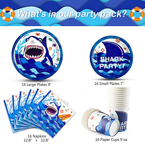 WERNNSAI Artículos para fiestas de Tiburones - Bajo el Mar Vajilla de Fiesta Placas Servilletas Tazas Kit para Niños Cumpleaños de Fiesta en el Océano Para 16 Personas 64PCS