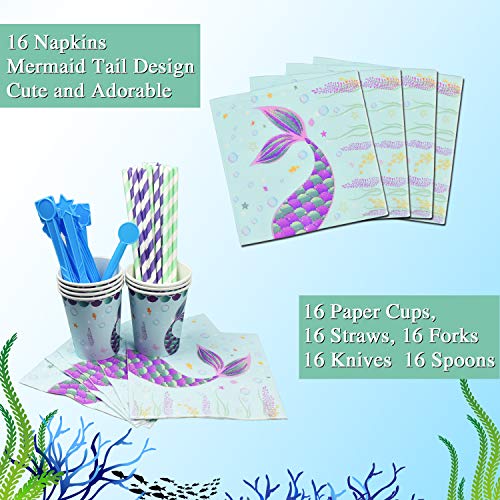 WERNNSAI Vajilla Sirena Fiesta - Suministros para la Fiesta para Chicas Cumpleaños Baby Shower Boda Servilletas Cubiertos Mantel Platos Copas Pajitas Utensilios Sirve a 16 Invitados 146 Piezas