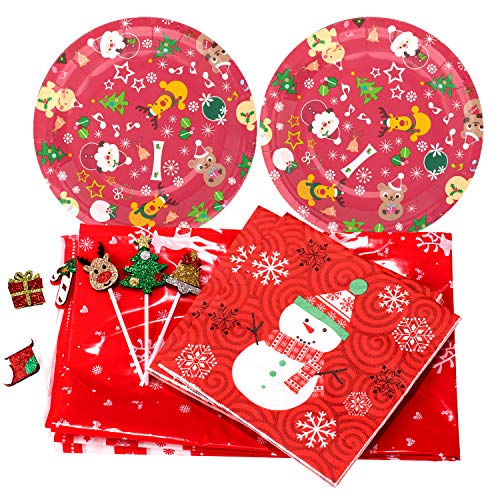 Whaline 83 Piezas Juego de Vajilla Desechable de la Fiesta de Navidad, Incluye Mantel, Platos de Papel, Servilletas y Adornos de Cupcake, Suministros para la Fiesta de Navidad