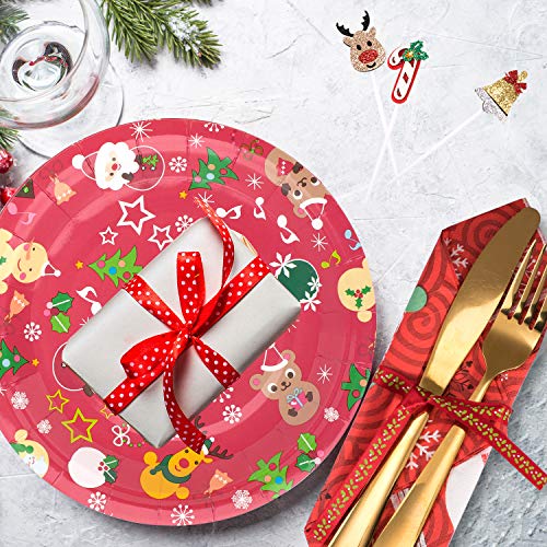 Whaline 83 Piezas Juego de Vajilla Desechable de la Fiesta de Navidad, Incluye Mantel, Platos de Papel, Servilletas y Adornos de Cupcake, Suministros para la Fiesta de Navidad