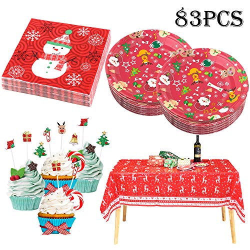 Whaline 83 Piezas Juego de Vajilla Desechable de la Fiesta de Navidad, Incluye Mantel, Platos de Papel, Servilletas y Adornos de Cupcake, Suministros para la Fiesta de Navidad