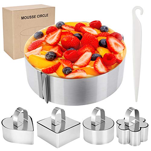 WisFox 6pcs Cocina Juego de Anillos de Acero Inoxidable Ajustable Mousse Círculo pastel Molde, 4 Formas Diferentes para Cocina, Hornear, Diseño de Postre y Decoración de Pasteles