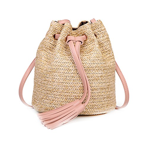 Wisilan - Bolsa de paja para mujer y niña, tipo cubeta, bandolera para playa, viajes, estilo de vida de compra diario