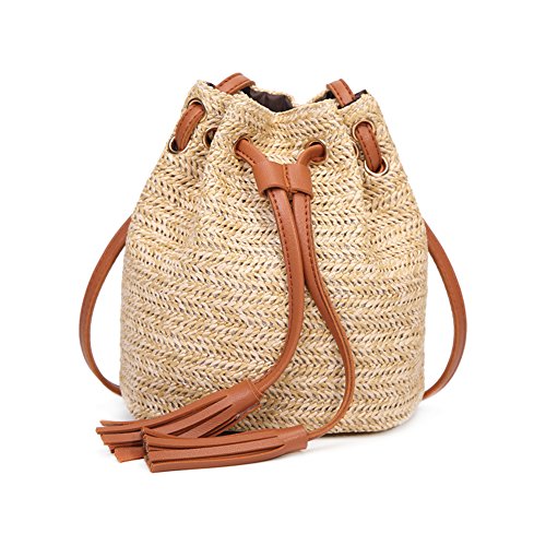 Wisilan - Bolsa de paja para mujer y niña, tipo cubeta, bandolera para playa, viajes, estilo de vida de compra diario