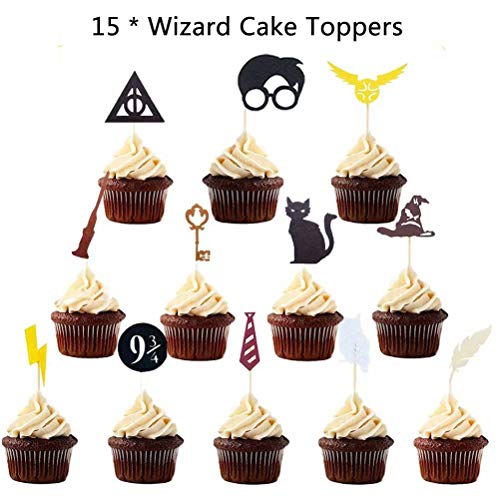 Wizard Inspired Cupcake Toppers - WENTS 17PCS Harry Potter Decoracion de Fiesta Mago Cumpleaños Banner Decoracion para Fiesta Mago Estandarte de Cumpleaños Decoracion fiesta