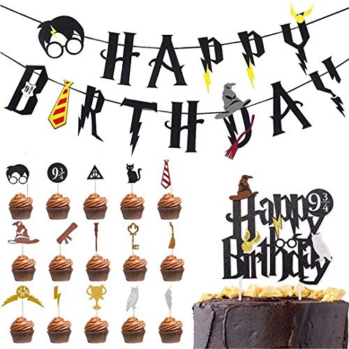 Wizard Inspired Cupcake Toppers - WENTS 17PCS Harry Potter Decoracion de Fiesta Mago Cumpleaños Banner Decoracion para Fiesta Mago Estandarte de Cumpleaños Decoracion fiesta