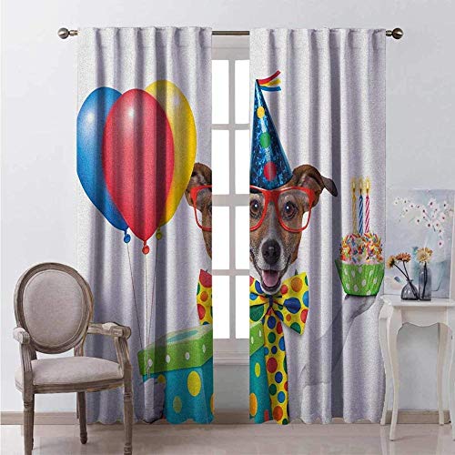 WJDJT Cortinas Opacas 3D Protección De La Privacidad Con Cortinas De Aislamiento Térmico 1 Paneles Para Sala De Estar 220*215Cm Perro Camarero Con Sombrero De Cono Pastel Globo Celebración De Cumple