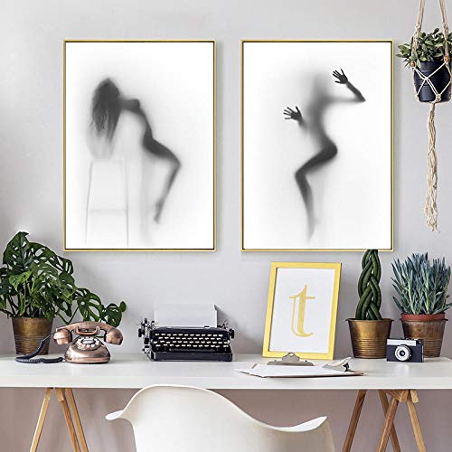 WJWGP Sexy Silueta Bailando Desnudo Mujer Detrás Cortina Lienzo Poster y Impresiones Negro Blanco Pared Arte Cuadro para Salon Habitación Hogar Decoracion 40x60cmx2 No Marco