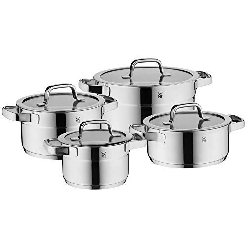 WMF Compact Cuisine - Batería de cocina (4 piezas, acero inoxidable Cromargan pulido, ollas con tapa de cristal, ollas de inducción, escala interior, apilable)