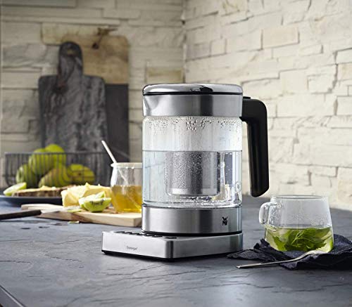 WMF Hervidor Kitchenminis - Hervidor eléctrico para té de 1900 W y 1.0 l de capacidad, jarra de cristal, acabados de acero inoxidable de cromargan mate