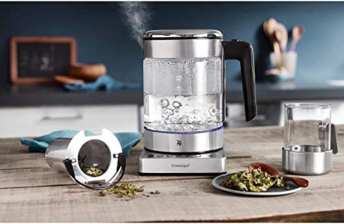 WMF Hervidor Kitchenminis - Hervidor eléctrico para té de 1900 W y 1.0 l de capacidad, jarra de cristal, acabados de acero inoxidable de cromargan mate
