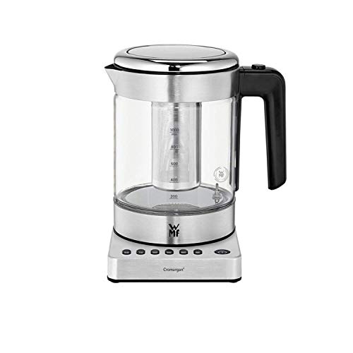 WMF Hervidor Kitchenminis - Hervidor eléctrico para té de 1900 W y 1.0 l de capacidad, jarra de cristal, acabados de acero inoxidable de cromargan mate