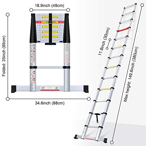 WolfWise Escalera telescópica de 3,8m con barra estabilizadora, multifunción, extensible, Carga Máxima 150 kg