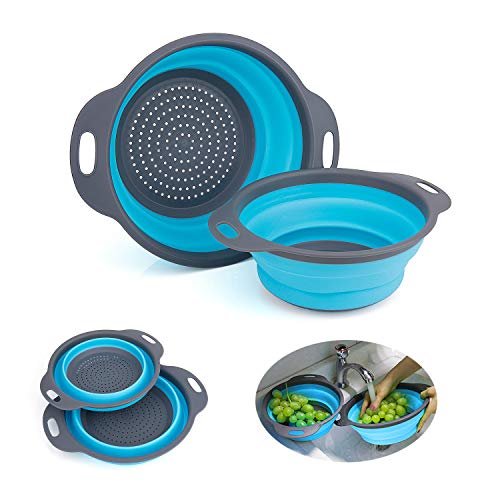 WolinTek Coladores Cocina,2 Tamaños Cocina Plegable Colador de Silicona, Respetuosos del Medio y Ambiente Fácil de Limpiar para verduras,brócoli,espaguetis,ensalada, etc (azul)