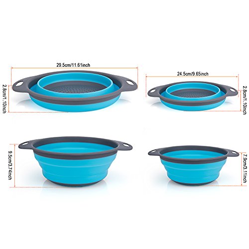 WolinTek Coladores Cocina,2 Tamaños Cocina Plegable Colador de Silicona, Respetuosos del Medio y Ambiente Fácil de Limpiar para verduras,brócoli,espaguetis,ensalada, etc (azul)