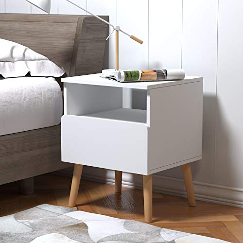 WOLTU Mesita de Noche Mesa de Centro con Cajón y Organizador Abierto, con Patas de Madera, Mesa para Cama café Dormitorio Blanco 40x33,5x50cm TSR58ws