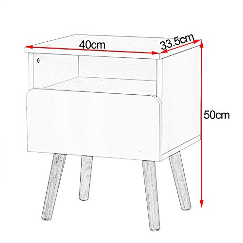 WOLTU Mesita de Noche Mesa de Centro con Cajón y Organizador Abierto, con Patas de Madera, Mesa para Cama café Dormitorio Blanco 40x33,5x50cm TSR58ws