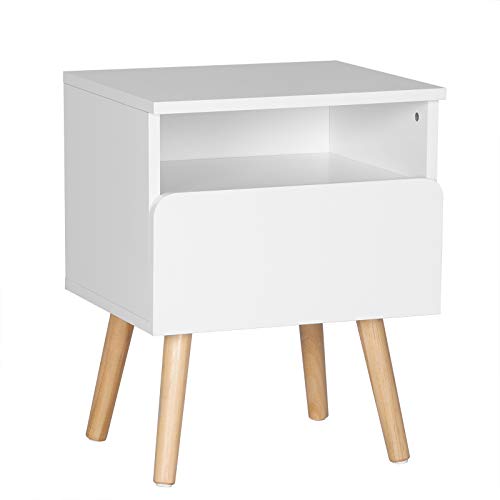 WOLTU Mesita de Noche Mesa de Centro con Cajón y Organizador Abierto, con Patas de Madera, Mesa para Cama café Dormitorio Blanco 40x33,5x50cm TSR58ws