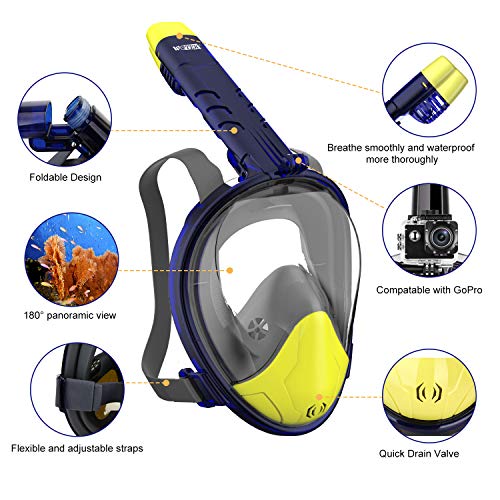 WOTEK Mascara Buceo Mascara Snorkel 180° Panorámica Gafas Buceo de Cara Completa Gafas de Bucear Anti-Niebla y Anti-Fugas, Apoyo Camara Deportiva para Adultos y Niños y Hombre