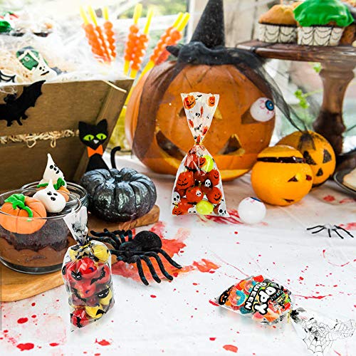 WOVTE - Bolsas de celofán para Halloween, 150 unidades de dulces con 150 lazos para panadería, galletas, bocadillos de chocolate para fiestas de Halloween, manualidades caseras (3 estilos)