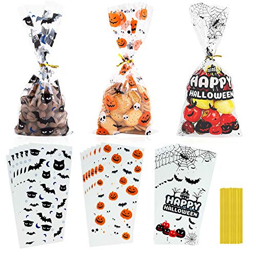 WOVTE - Bolsas de celofán para Halloween, 150 unidades de dulces con 150 lazos para panadería, galletas, bocadillos de chocolate para fiestas de Halloween, manualidades caseras (3 estilos)