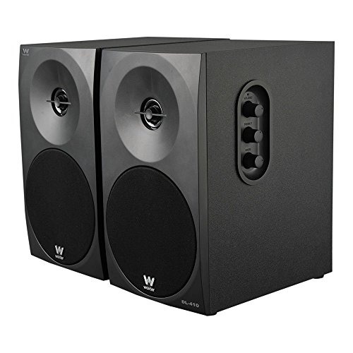 Woxter Dynamic Line 410 – Altavoces estéreo 2.0 Autoamplificados con 150W de potencia, Madera, Woofer de 4 pulgadas, 2 Tweeter, 3.5 mm, RCA, Control volumen, agudos, graves, Bookself Speakers, Negro