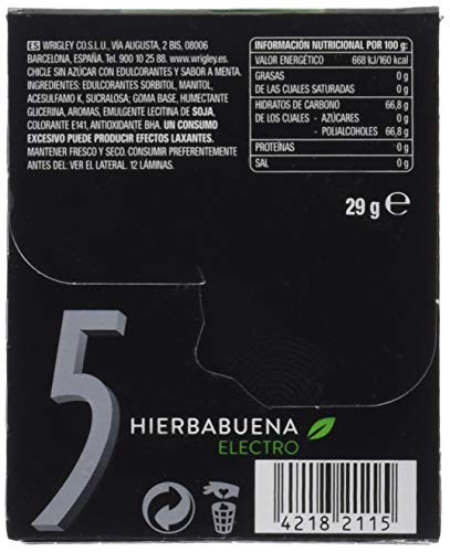 Wrigley's Five Chicles Electro de Hierbabuena, 10 Paquetes de 12 Chicles