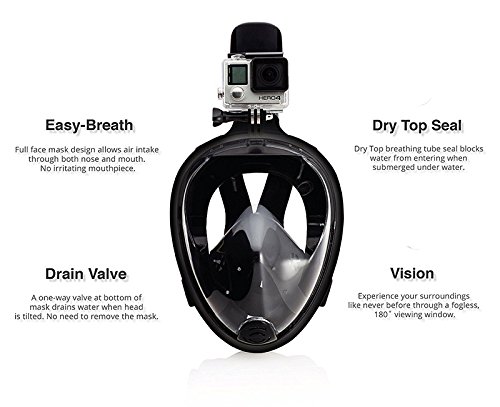 Wsobue Máscara de Buceo, Gafas Snorkel 180° Panorámica Vista Anti-Niebla Apoyo Camara Deportiva, Anti-Fugas Máscara de Snorkel para Adultos y niños (Negro S/M)