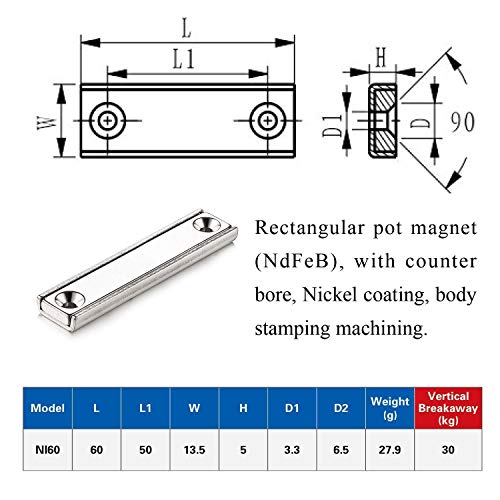 Wukong 4 Pieza N52 Imanes de Olla rectangulares con Orificio del mostrador con Tornillos de Montaje, Soporte súper Fuerte Fuerza de tracción 32KG para Multiuso 60x13.5x5mm