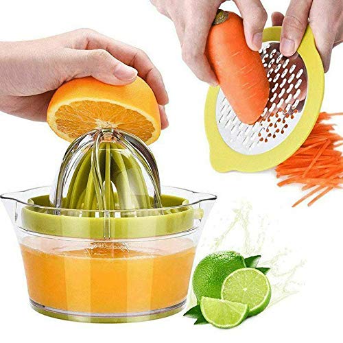 Wuudi Exprimidor de cítricos manual multifuncional, exprimidor de mano 4 en 1, exprimidor de naranjas, exprimidor de cítricos con recipiente de 400 ml y 2 conos de prensa