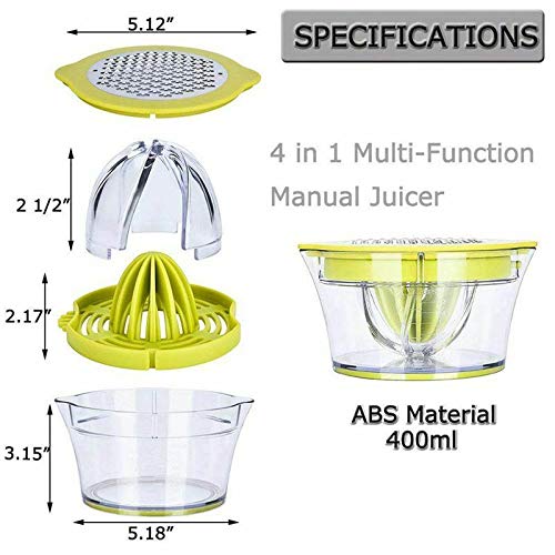 Wuudi Exprimidor de cítricos manual multifuncional, exprimidor de mano 4 en 1, exprimidor de naranjas, exprimidor de cítricos con recipiente de 400 ml y 2 conos de prensa