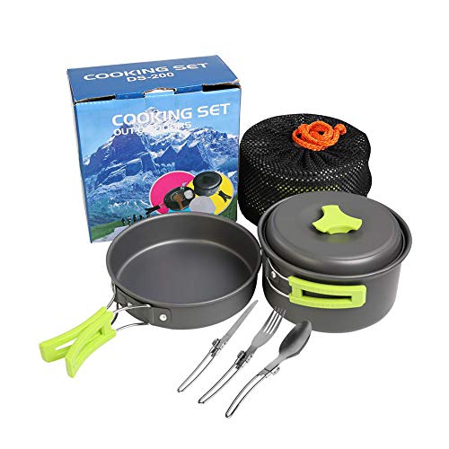 WWZL Kit de Utensilios de Cocina para Acampar, Set de Cocina Al Aire Libre con Cuchillo de Acero Inoxidable, Tenedor, Cuchara, para 1 a 2 Personas, Camping, Senderismo, Picnic,Verde