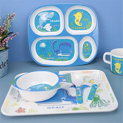 Xhtoe Plato de Cena Juego de Comida for niños Juego de 6 Piezas Juego de Comedor Impreso Ocean Fish con Plato, Taza, Plato Dividido, tazón, Tenedor y Cuchara Azul para Uso doméstico y de hostelería