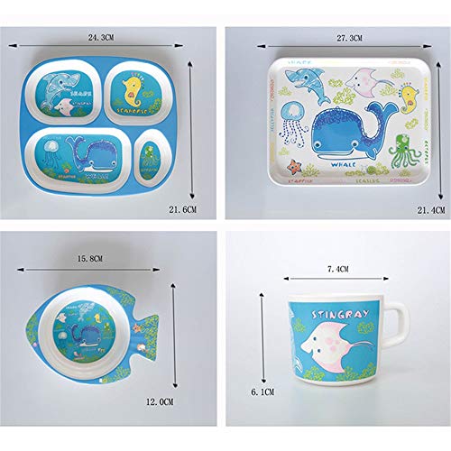 Xhtoe Plato de Cena Juego de Comida for niños Juego de 6 Piezas Juego de Comedor Impreso Ocean Fish con Plato, Taza, Plato Dividido, tazón, Tenedor y Cuchara Azul para Uso doméstico y de hostelería