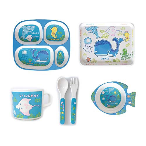 Xhtoe Plato de Cena Juego de Comida for niños Juego de 6 Piezas Juego de Comedor Impreso Ocean Fish con Plato, Taza, Plato Dividido, tazón, Tenedor y Cuchara Azul para Uso doméstico y de hostelería