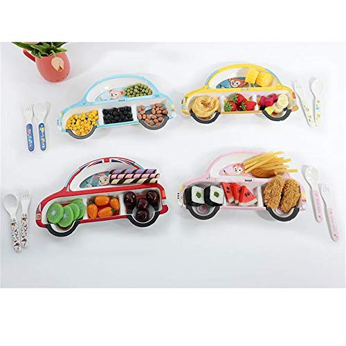 Xhtoe Plato de Cena Juego de Platos de plástico for niños de melamina con Forma de Coche, con Cuchara y Tenedor, Multicolor Opcional para Uso doméstico y de hostelería