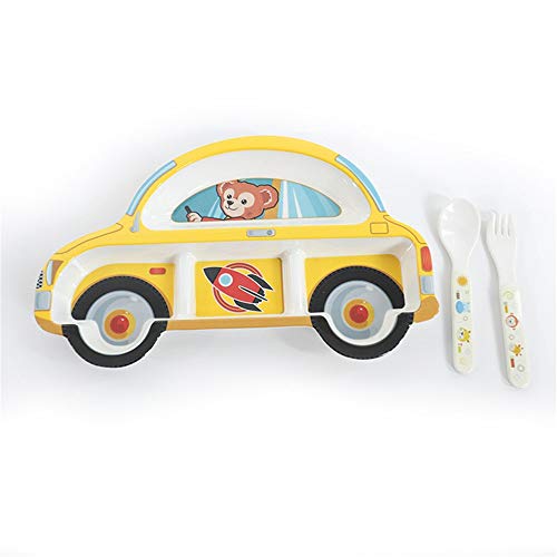 Xhtoe Plato de Cena Juego de Platos de plástico for niños de melamina con Forma de Coche, con Cuchara y Tenedor, Multicolor Opcional para Uso doméstico y de hostelería