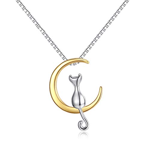 xiaokeai Joyería Delicada Collar de Las Mujeres del Gato del Gato de la Luna del Collar y de la Luna Colgante Collar S925 Plata Collares for 18 '' Regalos para Acción de Gracias/Cumpleaños