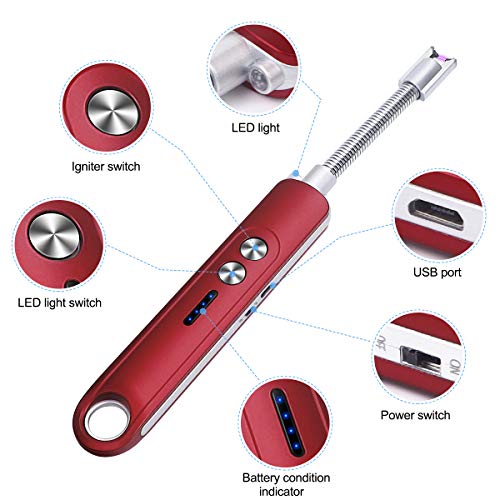 XIMU Mechero Electrico, Encendedor Electrico USB Mechero Recargable y Resistente al Viento, Mechero de Plasma sin Gas con USB Cable Control Tactil Portátil para Cigarrillo/Vela (Rojo)