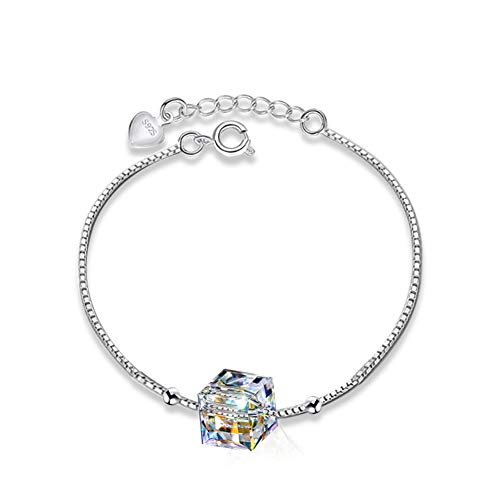 xinMarJ Cristal Austriaco S925 Pulsera de Plata esterlina Moda Joyas para Mujer de Cristal de Cubos de azúcar, Diamante Cuadrado de 8 mm