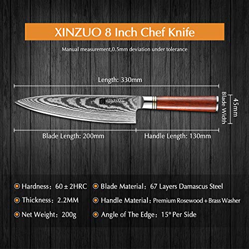 XINZUO 20cm Cuchillo Chef, Acero Damascus Cuchillo de Cocinero Gyuto Profesional Cuchillos de Cocina Súper Acero Japonés Cuchillo de Verduras con Ergonómico Mango de Rosewood -H Serie