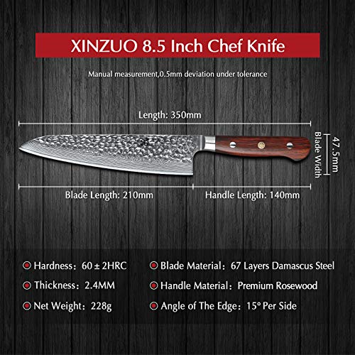 XINZUO Cuchillo de Cocina 21cm de Acero Damasco Japonés 67 Capas Profesional Gyuto Cuchillo de Chef con Rosewood Mango - Yun Serie