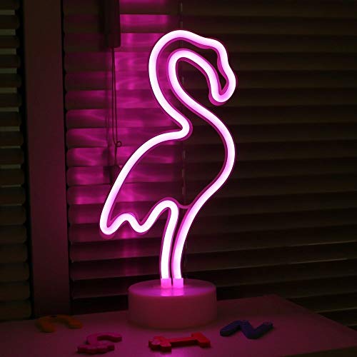 XIYUNTE Flamenco Señales luminosas neón Luz de noche,Rosa flamenco luces de neón Lámparas Iluminación infantil Dormitorio Decoración, Batería y USB alimentado Luces de noche con pedestal Lámparas