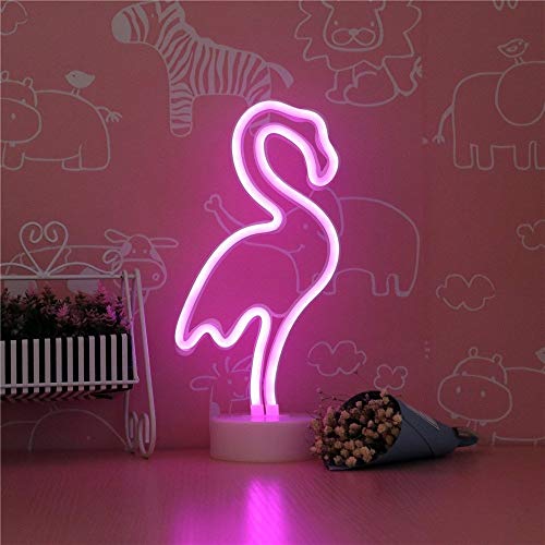 XIYUNTE Flamenco Señales luminosas neón Luz de noche,Rosa flamenco luces de neón Lámparas Iluminación infantil Dormitorio Decoración, Batería y USB alimentado Luces de noche con pedestal Lámparas