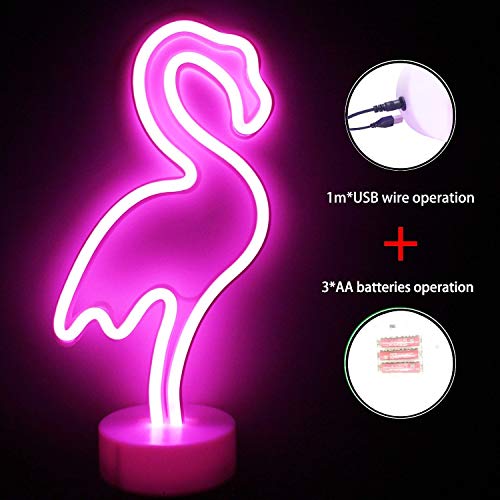 XIYUNTE Flamenco Señales luminosas neón Luz de noche,Rosa flamenco luces de neón Lámparas Iluminación infantil Dormitorio Decoración, Batería y USB alimentado Luces de noche con pedestal Lámparas