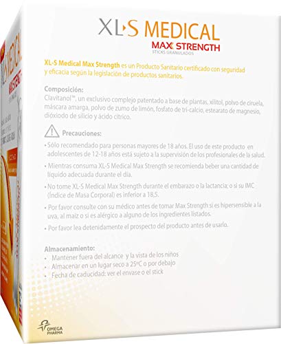 XL-S Medical Max Strength - Bloqueador de la absorción de Carbohidratos, Azúcares y Grasas, para Adelgazar, Reduce la ingesta de Calorías y Antojos - 60 Sticks, 1 Mes de Tratamiento