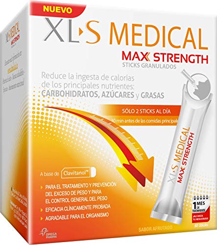 XL-S Medical Max Strength - Bloqueador de la absorción de Carbohidratos, Azúcares y Grasas, para Adelgazar, Reduce la ingesta de Calorías y Antojos - 60 Sticks, 1 Mes de Tratamiento