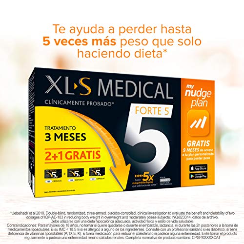 XLS Medical Forte 5 Pack 3 Meses - Incluye Tu Plan Personalizado Nudge Durante 9 Meses, Ingredientes De Origen Natural, 100% Vegano, Tratamiento Para 3 Meses 800 g