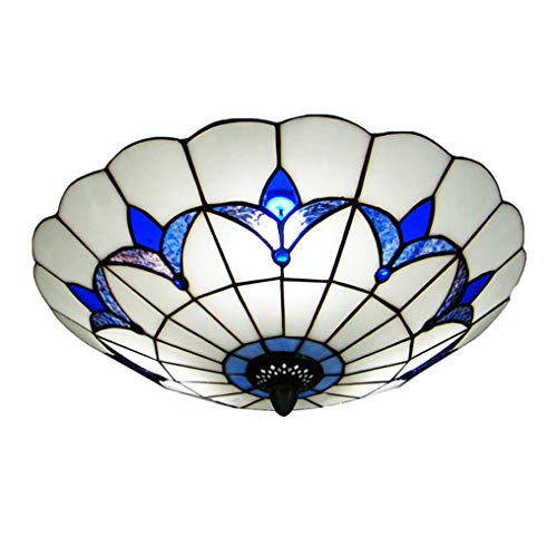 XMYX Lámpara de Techo Estilo Tiffany Plafón con Montura Empotrada Lámpara de Pantalla de Vidrio Mediterráneo Luz de Techo con Montura Semiempotrada use Bombillas E27 Azul y blanco,Ø40cm